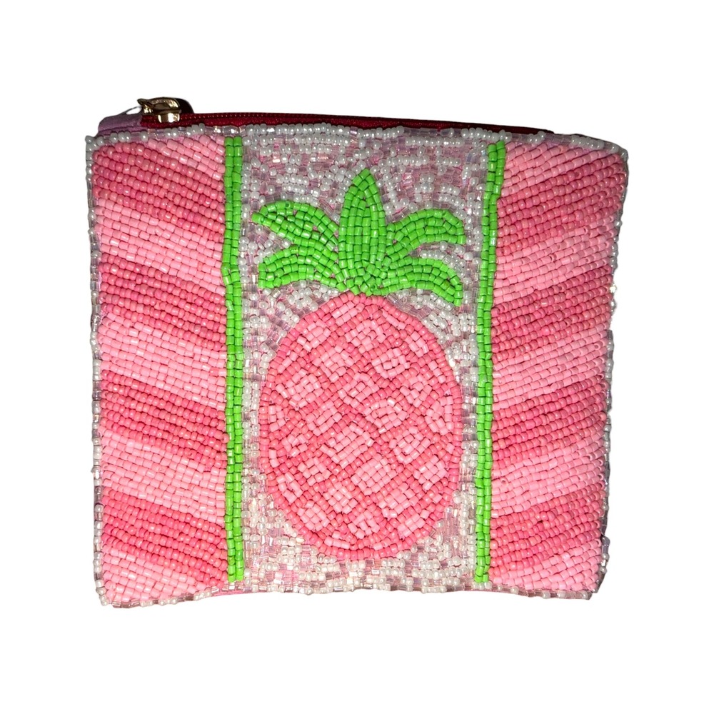Kay‎ Lee NY NWT Pink Pineapple Beaded Coin Purse Clutch Tropical Zipper Pouch